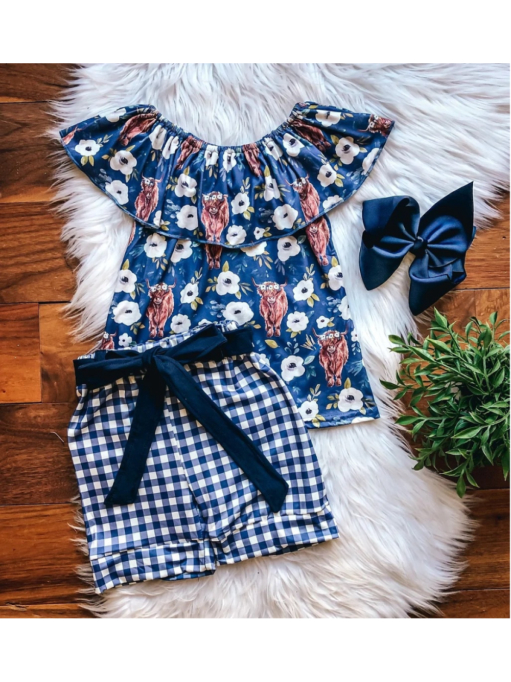 Wellington Designs Sweet Highland Cow Shorts Set, Sz 6/7 NWT